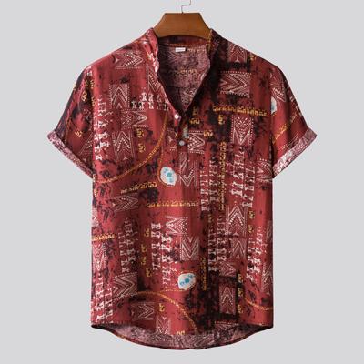 (SU)Mens Linen Ethnic Short Sleeve Casual  Printing Hawaiian Shirt Blouse T-shirt