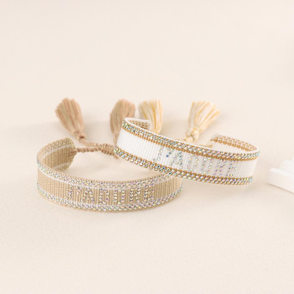 Seven-Color Full Diamond Woven Bracelet with 'JADORE' Letter, Handmade Tassel Chain, Crystal Design for Women