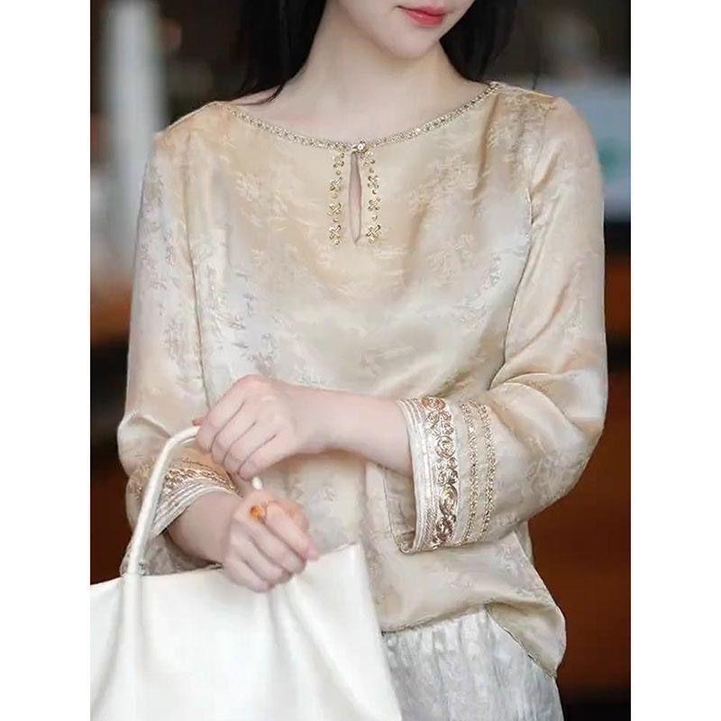 women embroidered floral jacquard blouse three quarter sleeve round neck keyhole detail casual solid color top S белый