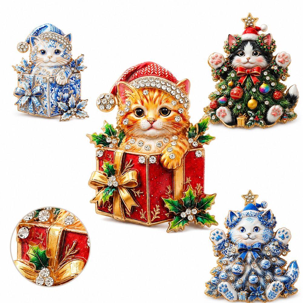 Rhinestone Embellished Cat Brooch Pin Alloy Holiday Brooch Gifts Christmas Cat Brooch Casual Wear