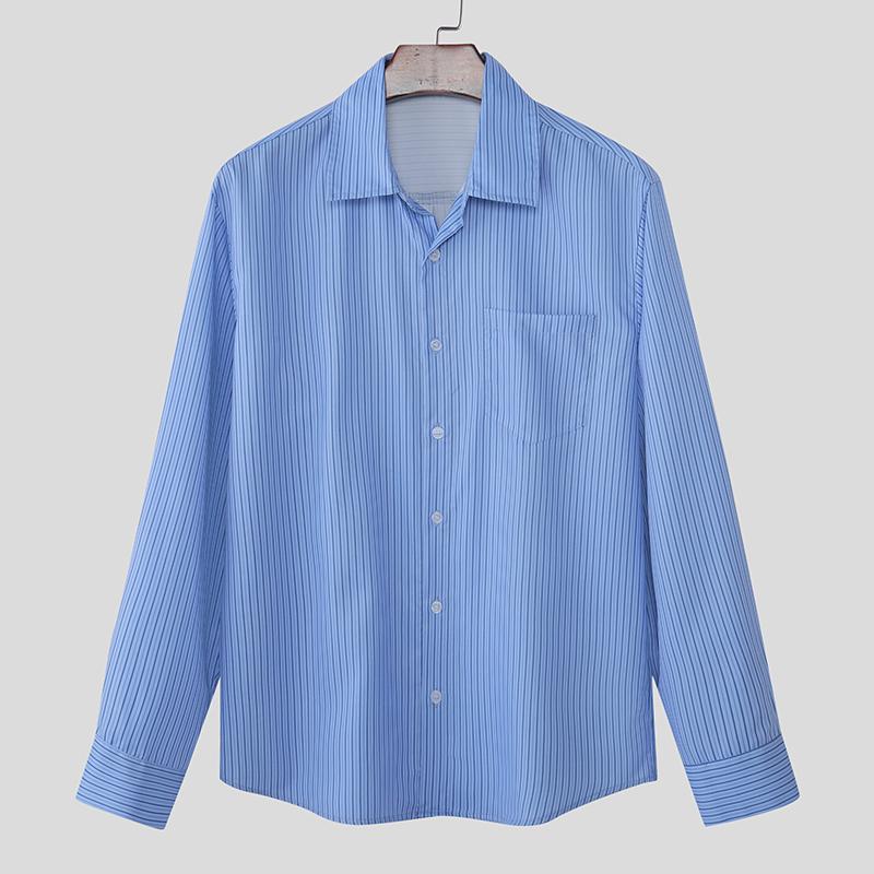 INCERUN Oversized Men Lapel Neck Long Sleeve Striped Casual Buttons Up Shirts