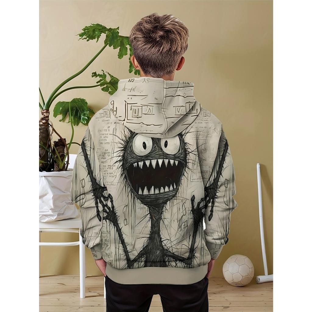 Boys' playful cartoon face hoodie - comfortable polyester blend, casual long sleeved pullover, unique digital print