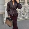 2024 Autumn/Winter Cross-border Fashion Lapel Tie Long Sleeve Leather Jacket