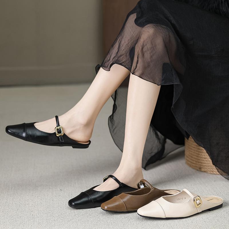 Bag Half-head Slippers 2025 New Summer Wear Sandals Soft Leather Muller Shoes Low-heeled Single Shoes Women's W727-12