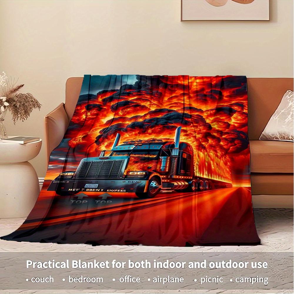 For Truck,Fire,Road-Themed Flannel Blanket, Glam Style, Digital Print, All-Season Comfort, Tear-Resistant, Knitted Craftsmanship, Polyester,