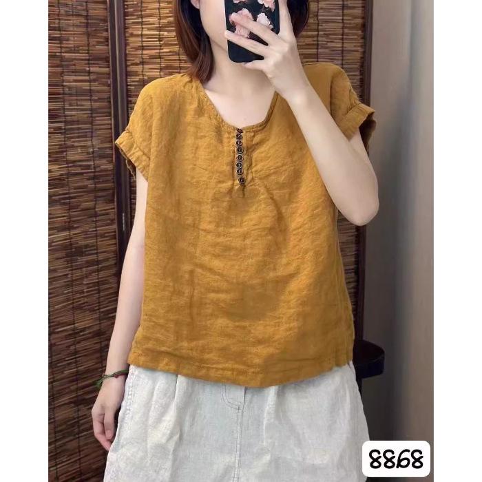 

Жіночий ретро топ з бавовни та льону з коротким рукавом та круглим вирізом 4XL (suggested for 78-85 kg) жовтий