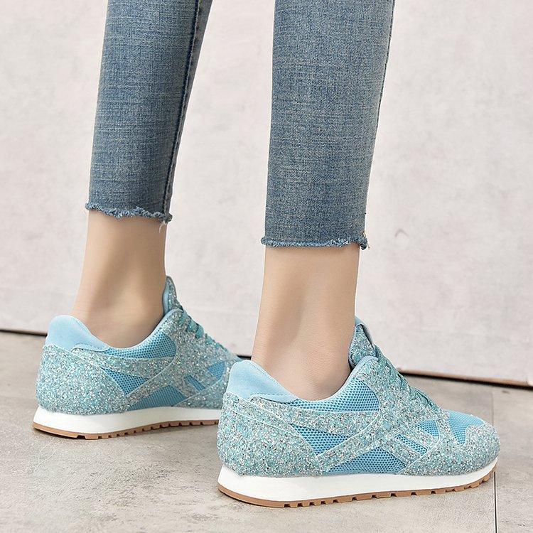 Fashion Women Flat Glitter Sneakers Casual Female Mesh Lace Up Bling Platform Comfortable Plus Size Vulcanized Shoes 2024 Soft Knitting