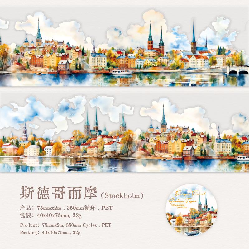 

2m travel theme European scenery Die-cutting PET tape DIY Handmade Materials Scrapbook Decorative Materials Aesthetic Stationery