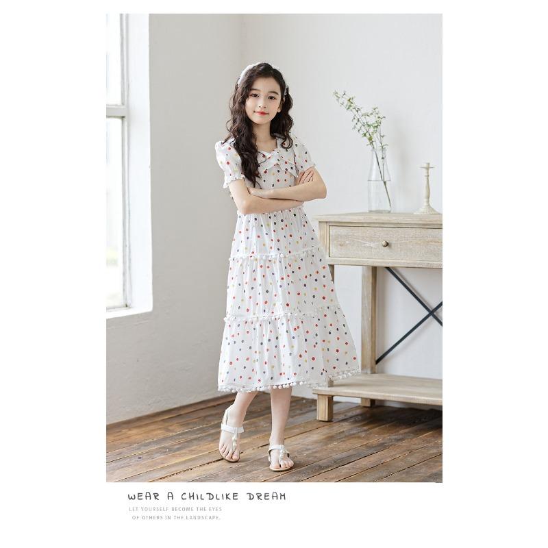 Kids Big Girls Korean Style Polka Dot Short Sleeve Fringe Hem Long Princess Dress