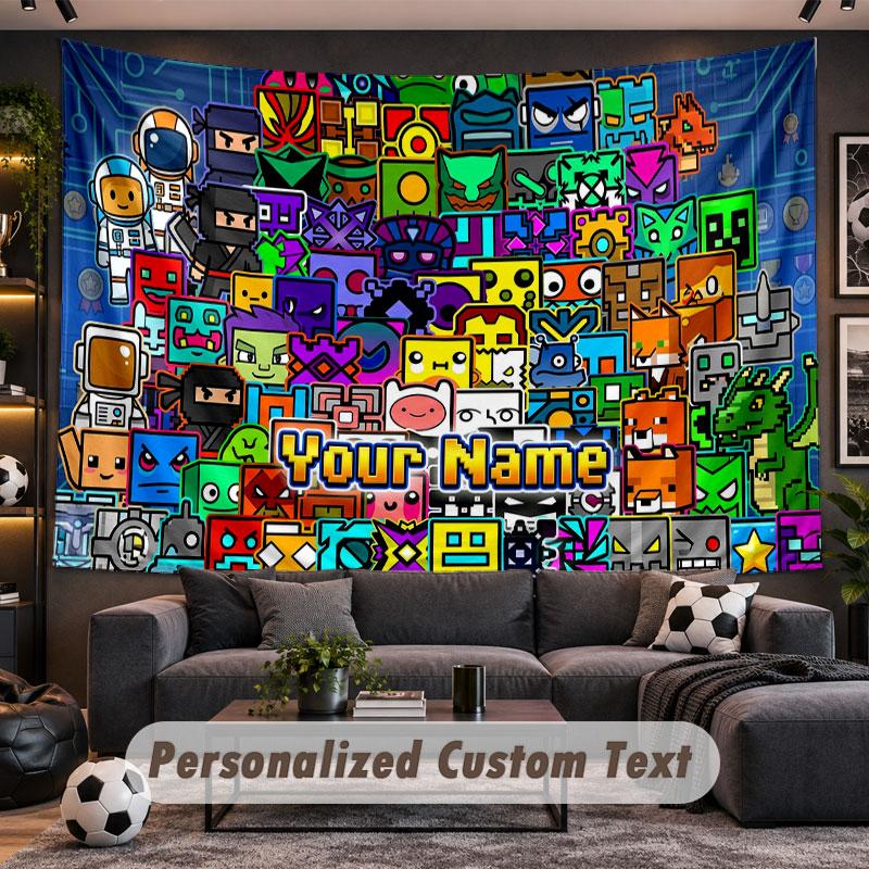Wall Hanging Tapestry Custom NameGeometry Dash Pattern Personalized Printed Fabric Wall Decor