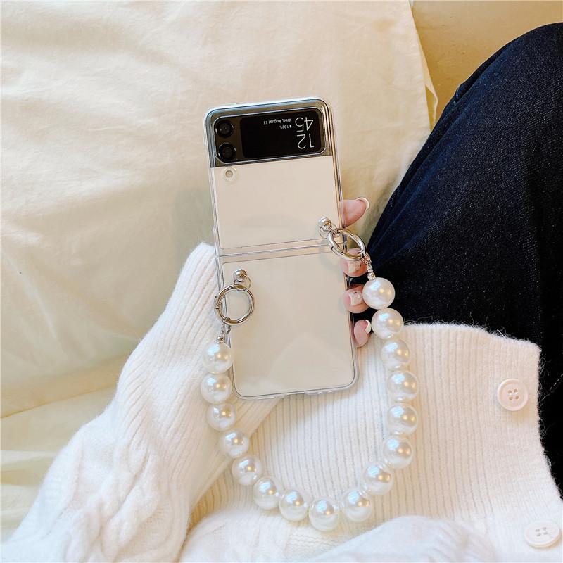 Luxury Pearl Lanyard Phone Case For Samsung Galaxy Zflip 4 Fashion Wristband Cover For Galaxy Z Flip Funda Capa Z Flip 3 5g Etui