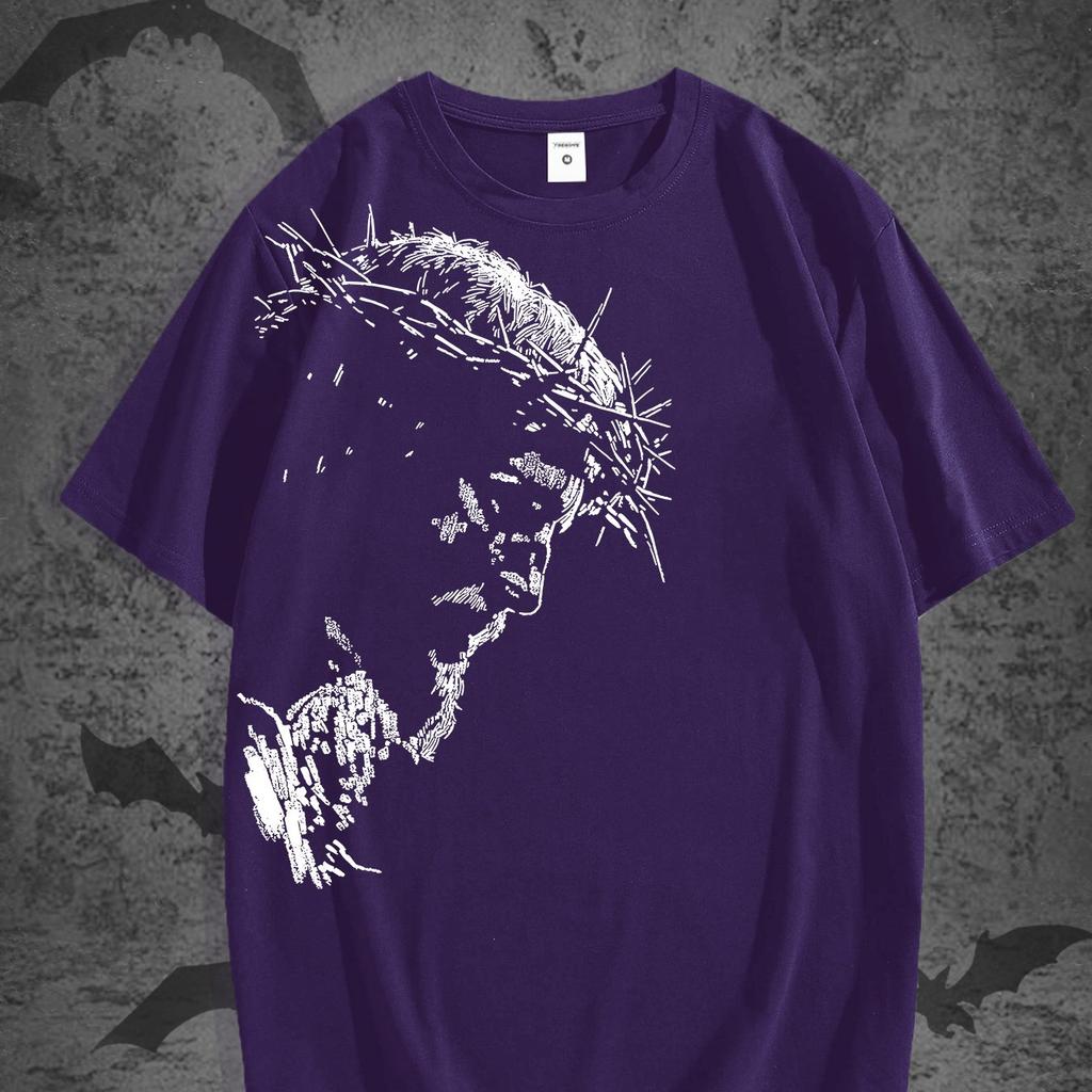 Vintage Jesus Head Print T-Shirt - Distressed Religious Icon Suitable for Church, Study & Casual Wear - Solid Color Round Neck Summer 