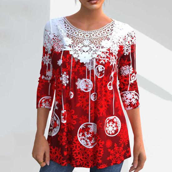 O-Neck Long Sleeves Lace Stitching Christmas Top Women Snowflake Theme 3D Printed Blouse Streetwear