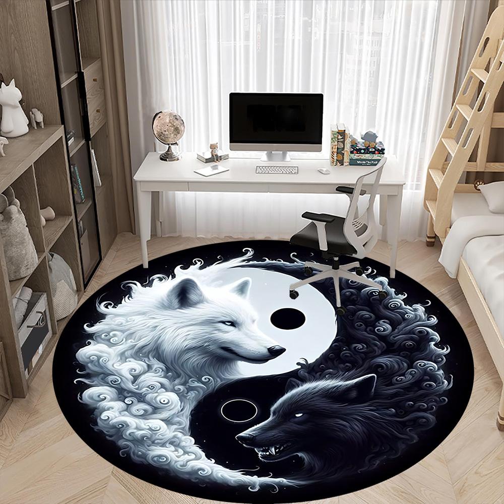 1pc Wolf YinYang Office Round Area Rug, Under Office Chairs Bedroom Living Room Home Decor, Room Deco, Available In Various Sizes