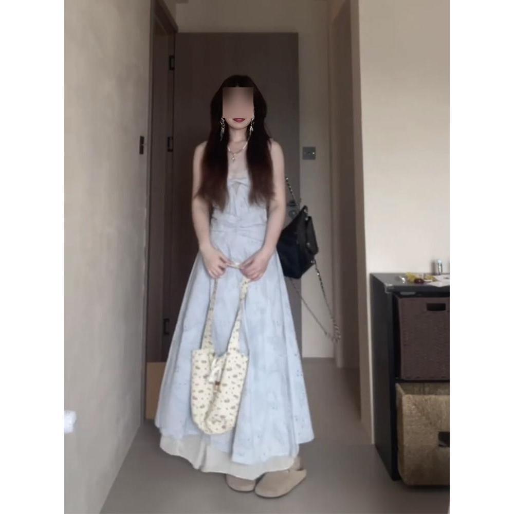 Summer blue sleeveless temperament unique and beautiful waist pinch dress women's summer lace splicing hollow dress