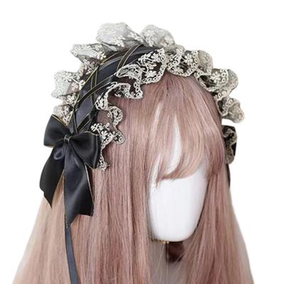 Morytrade Gothic Headdress with Lace Ribbon, Bitter Lolita Style, Black and Navy, Perfect for Halloween and Photo Shoots (Black Lace)