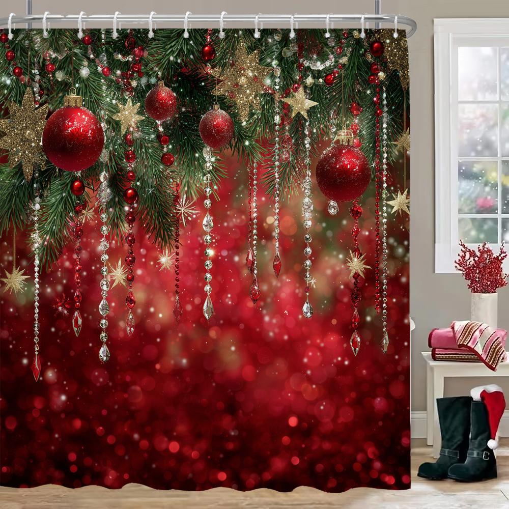 Christmas Shower Curtain, Red Christmas Snowflake Bell Bathroom Curtain Decoration Set With Hook Fabric Christmas Gift