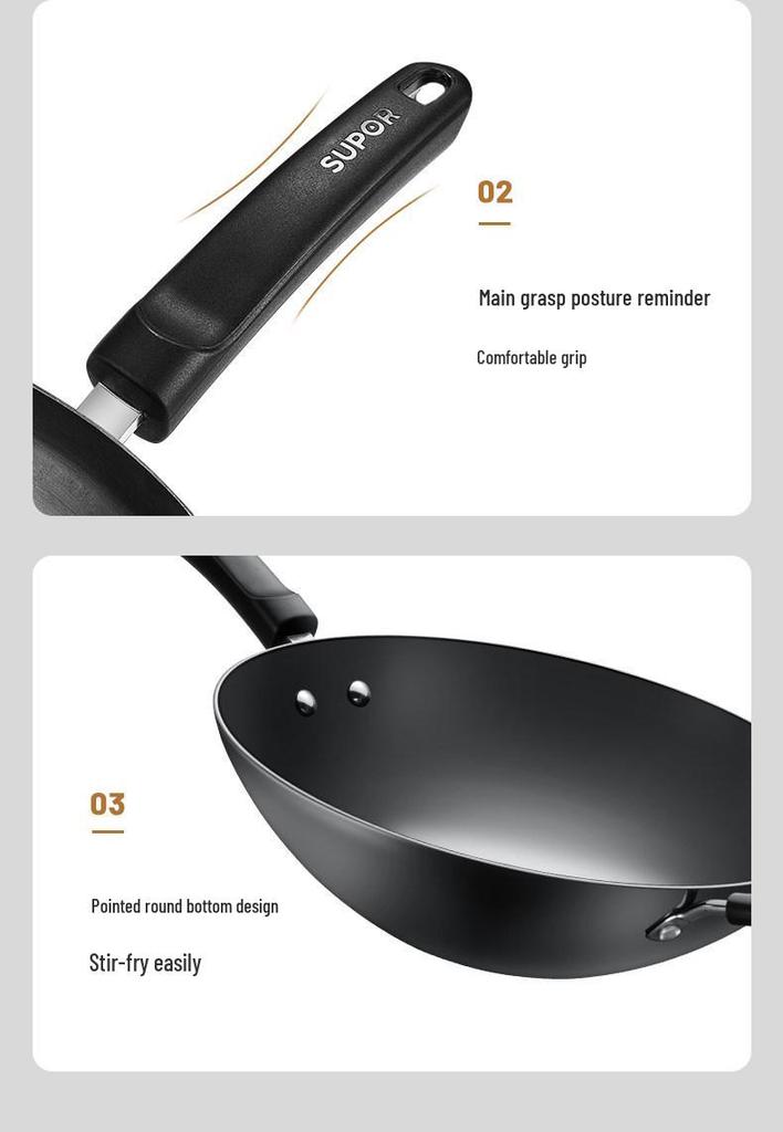 Supor Large Iron Round-Bottom Wok, No Coating, 32cm/34cm