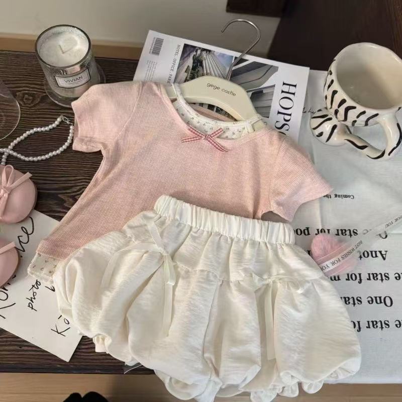 Girls Summer Fake Two Piece Short Sleeve Set Baby Bud Shorts Two Piece Outfit Comfortable And Stylish 80cm