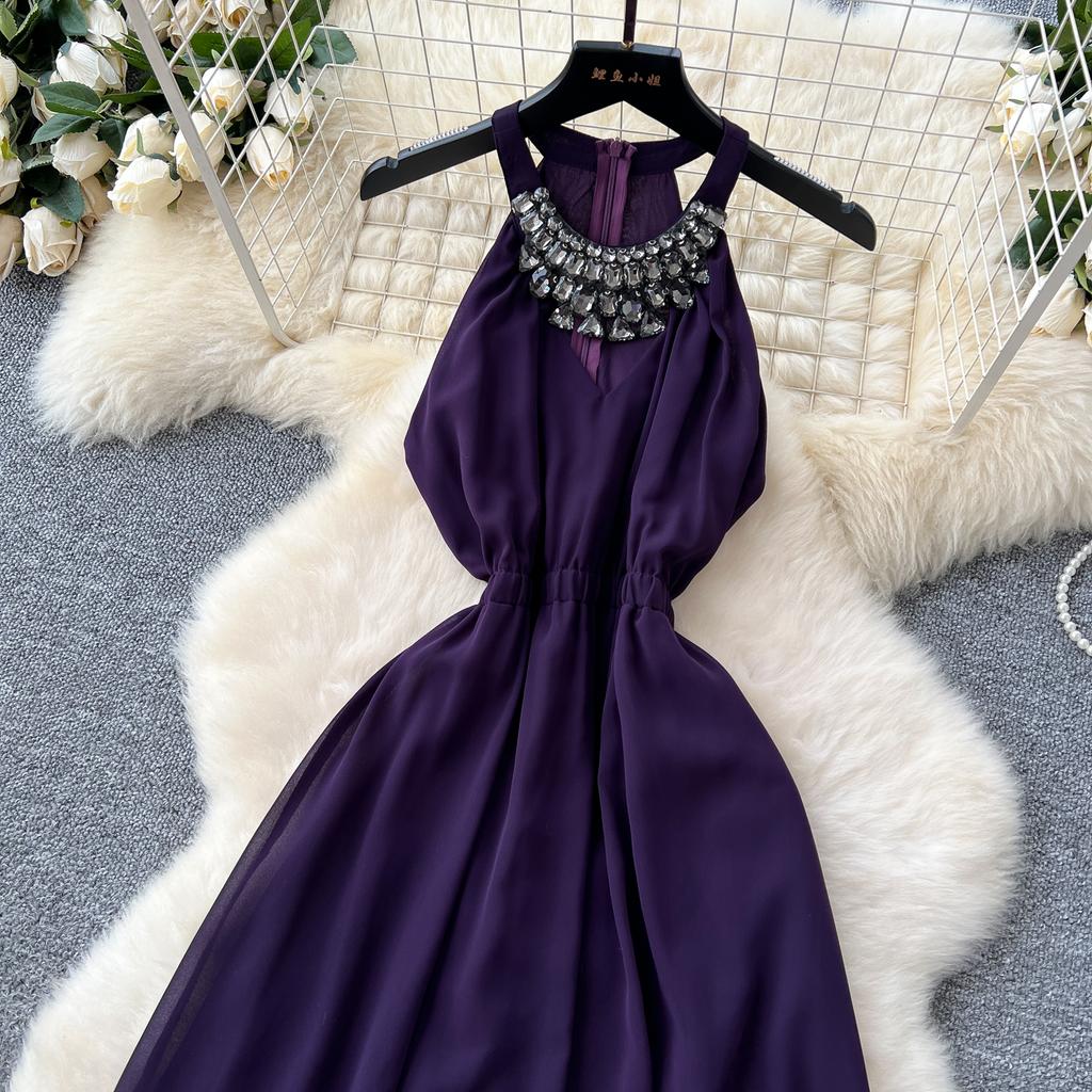 Été Femmes Luxe Diamants Sans Manches Uni Mousseline Vacances Plage Long Maxi Grande Évasée Débardeurs