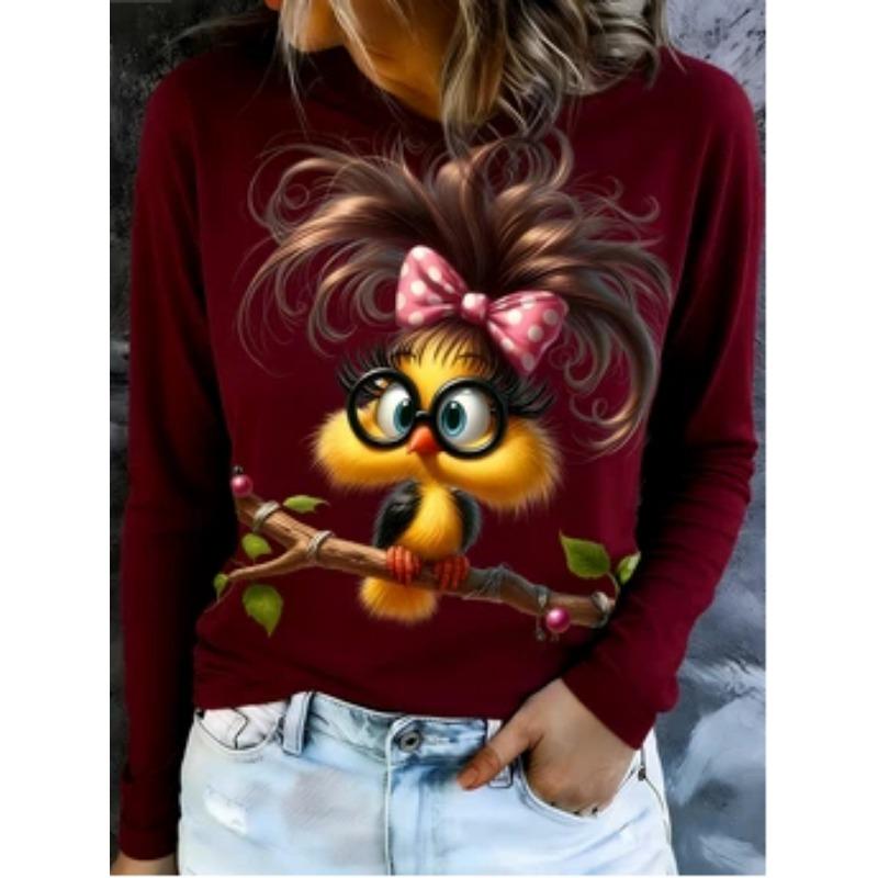 Fun bird print short-sleeved T-shirt for women, loose round neck design, casual age-reducing women's summer wear