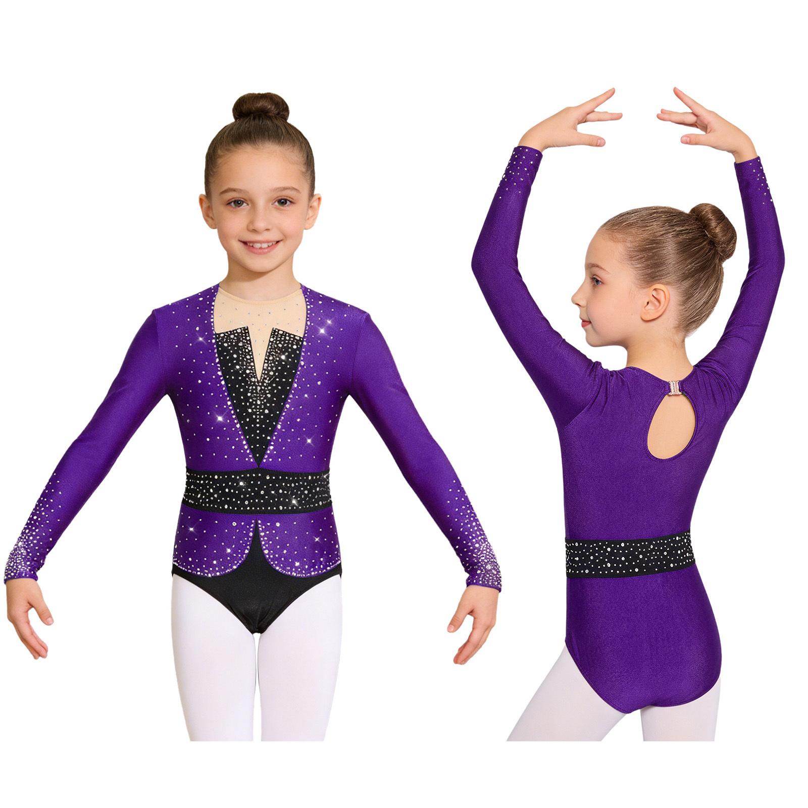 Kinder Mädchen Eiskunstlauf Gymnastik Trikot Langarm Schlüsselloch Rücken Glänzende Strasssteine Farbblock Body für Wettkampf Tanzkleidung 5-6 Years violett