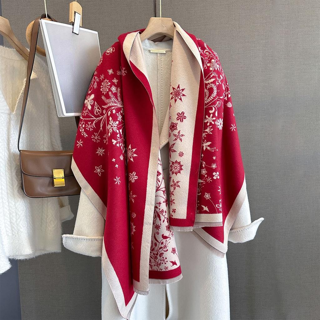 Imitation Cashmere Length Tassel Scarf For Women Floral Print Autumn/Winter Warm Shawl Warps Coldproof Windproof Blanket