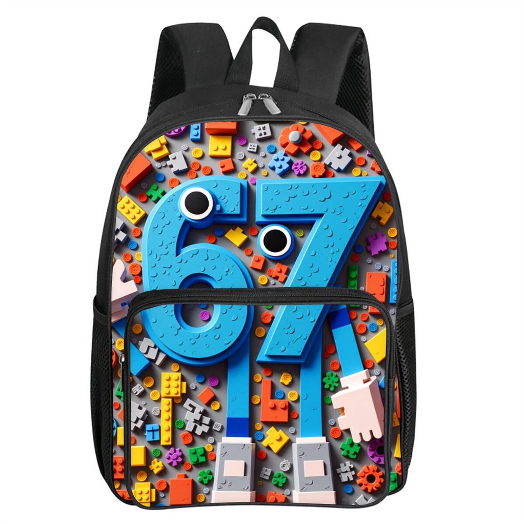Colorful Number 67 Print Square Front Pocket Backpack Large Capacity for Boy/Girls Best Gift 2D Cartoon Children's School Bag