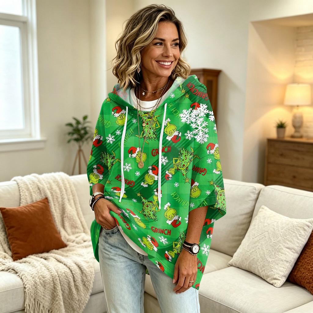 Damen Weihnachtspullover mit Grafikdruck, Kapuze und lockerem Schnitt