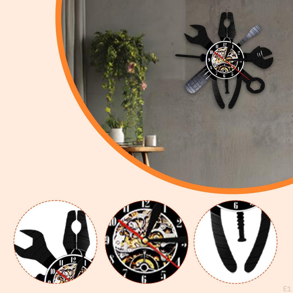 Hanging Clock Non Ticking Small Automotive Repair Tools Themed Decorative Wall Ornament for