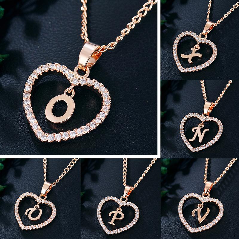 Women Necklace Jewelry Accessorie A-Z Name Choker Gift Dainty Initial Rhinestones Letter Fashion Tiny Heart Pendant