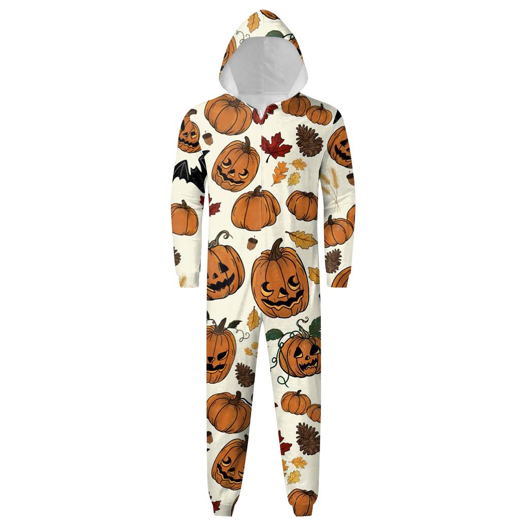 Halloween Printed Family Matching Hooded Long Sleeved Zippered Hooded  Jumpsuit Set