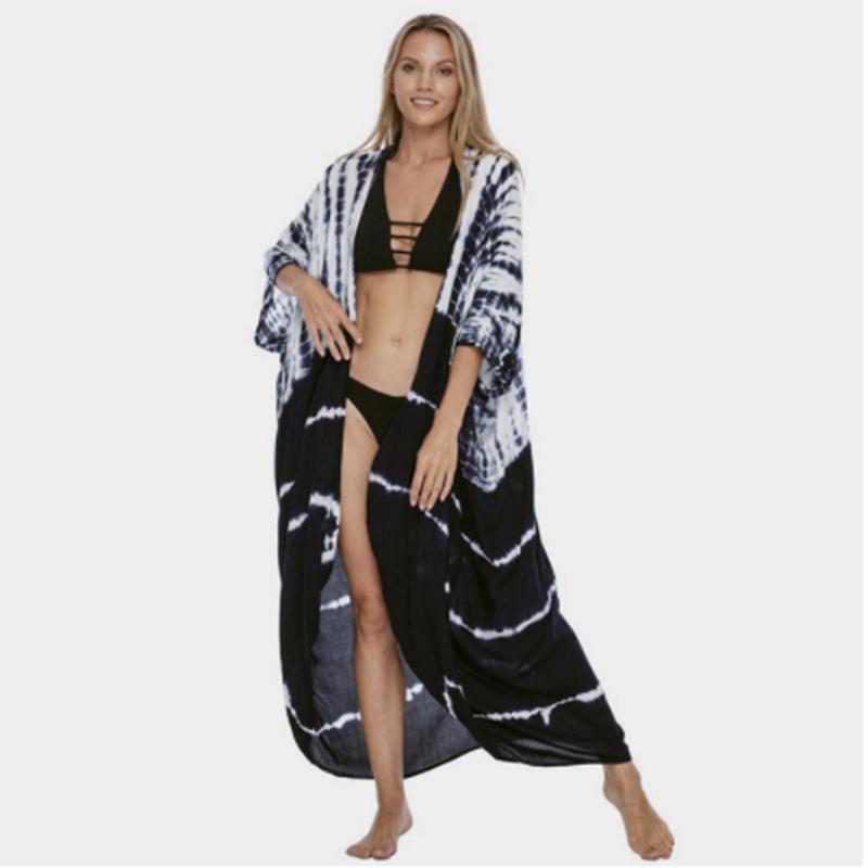 Bikini Cover Up Damen Batikmuster Strand Kimono Badeanzug Cape Sommer Wickelkleid mit Gürtel Urlaubsbadeanzug