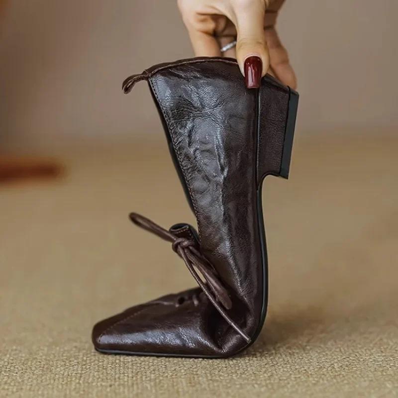 Fashion Skinny Retro Leather Shoes for Women's Spring New Style Square Toe Soft Sole Lace Up Single Shoe, Low Heel Casual Single Shoe