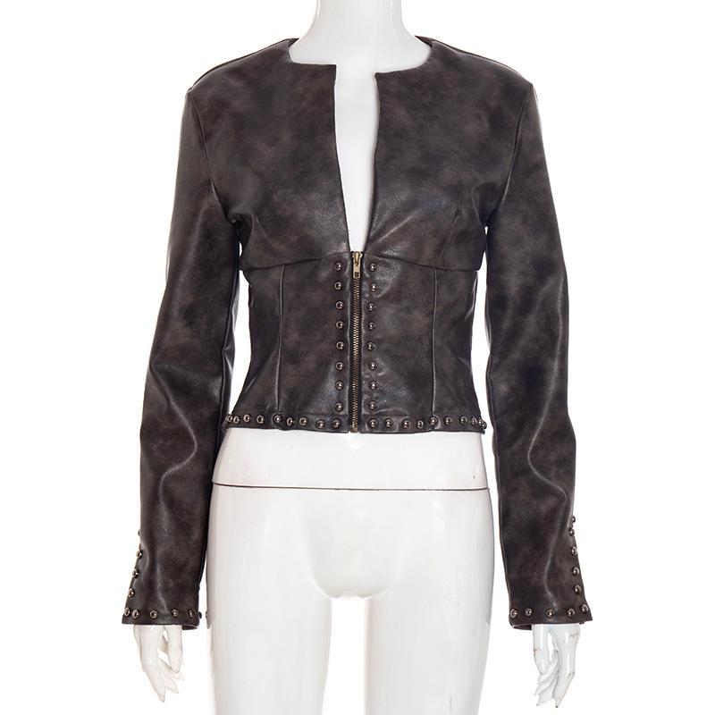 European & American Women s Autumn Deep V PU Leather Zip-Up Crop Top S