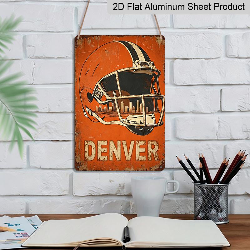 2D Flat Denver Football Helmet City Skyline Metal Sign Sports Wall Decor Durable Aluminum Material Man Cave, Sports Bar, Football Fan Room, Living