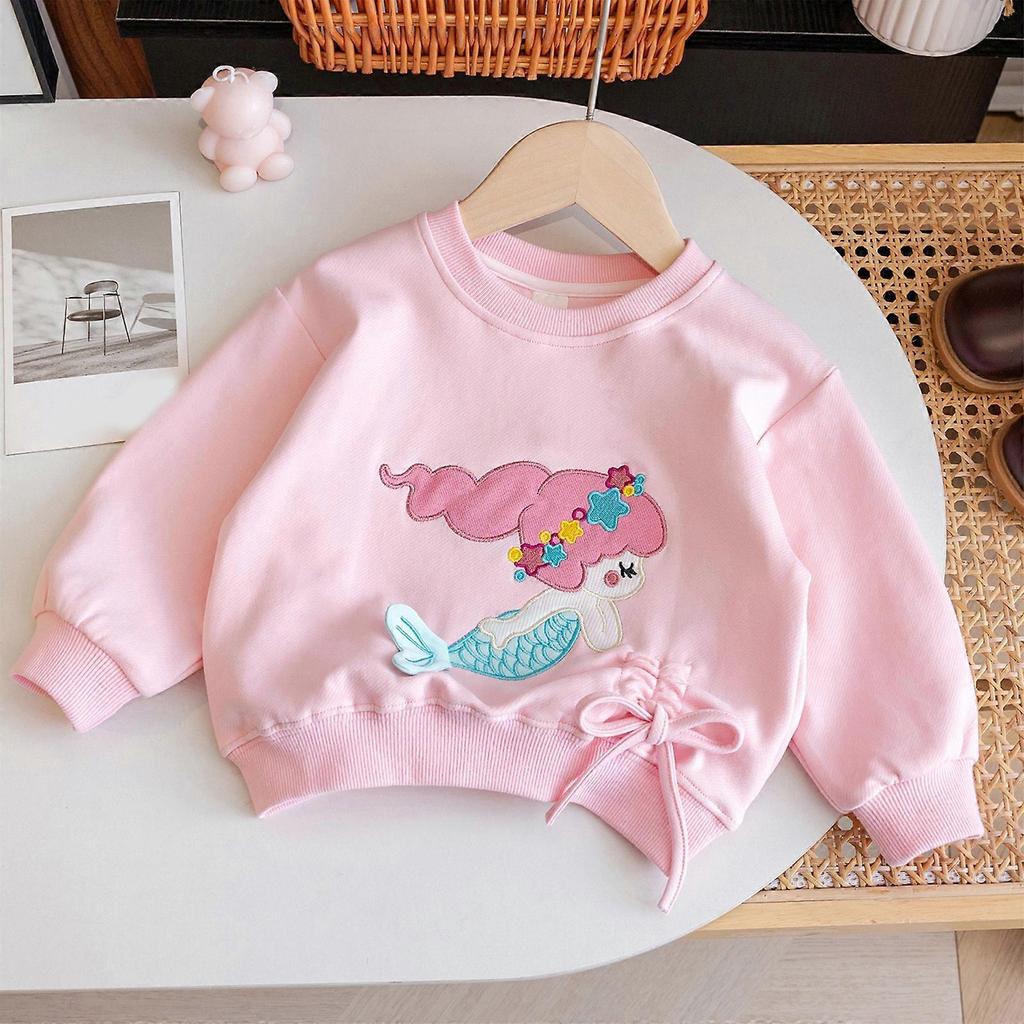 Lovely Sea-maid Themed Cotton Blend Sweatshirt For Girls Machine Washable Top Roun Neck For Daily Adventures  Pink 90-130