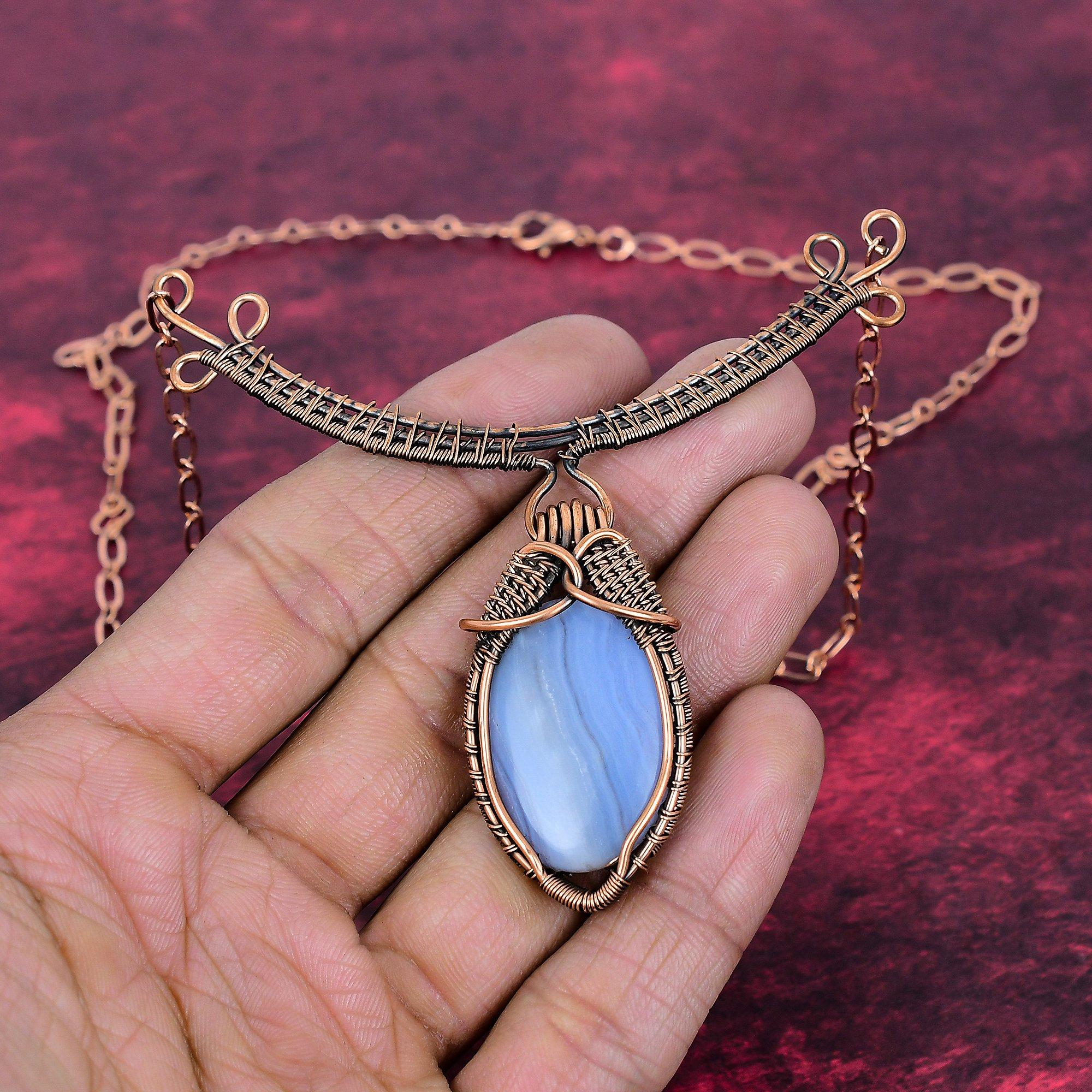 Blue Lace Agate Gemstone Necklace Copper Wire Wrapped Adjustable Chain Necklace Adjustable