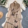 Elegant Butterfly Embroidered Polo-neck Vintage Long Sleeves Single Breasted Slim A-line Long Dress French High Street Clothing