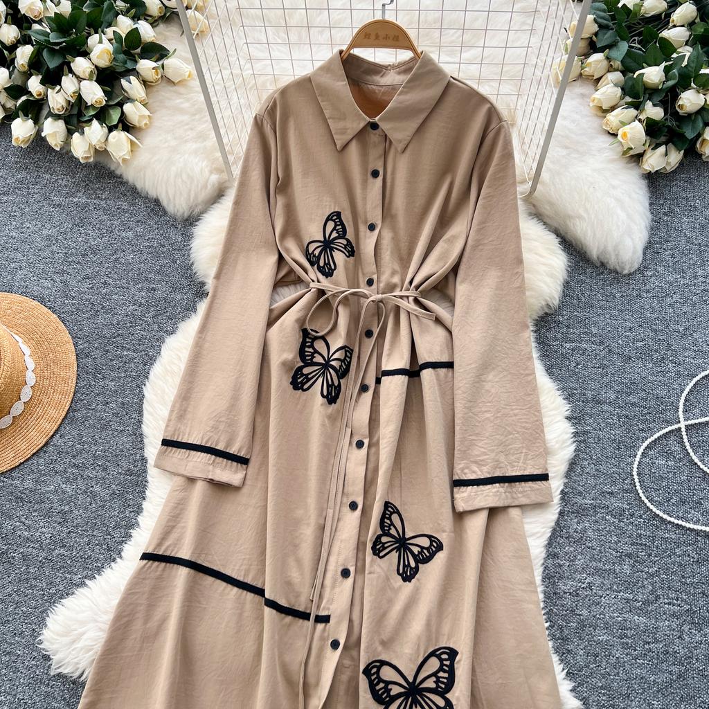 Elegant Butterfly Embroidered Polo-neck Vintage Long Sleeves Single Breasted Slim A-line Long Dress French High Street Clothing