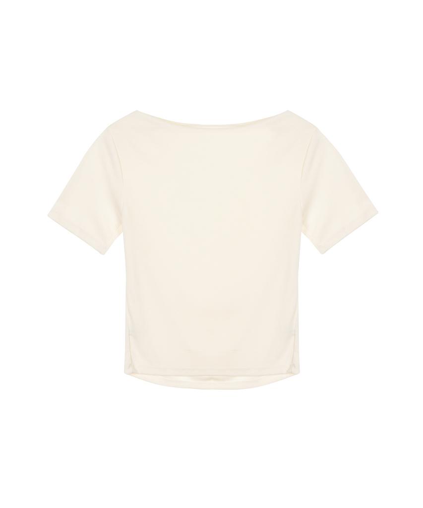 Nigaennikol Half Shirring Drape Boat Neck Top_Cream