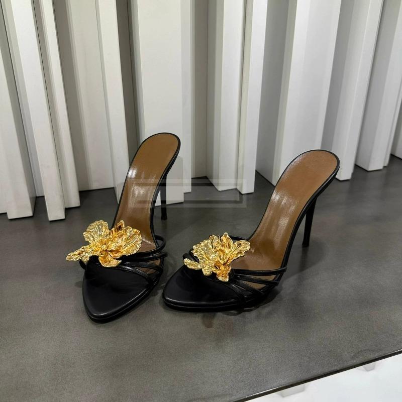 Fashion Summer Sexy Women's Sandals Slippers Summer Metal Flowers Beautiful Fashion Sandals Women's Stiletto High Heels Black Sandals