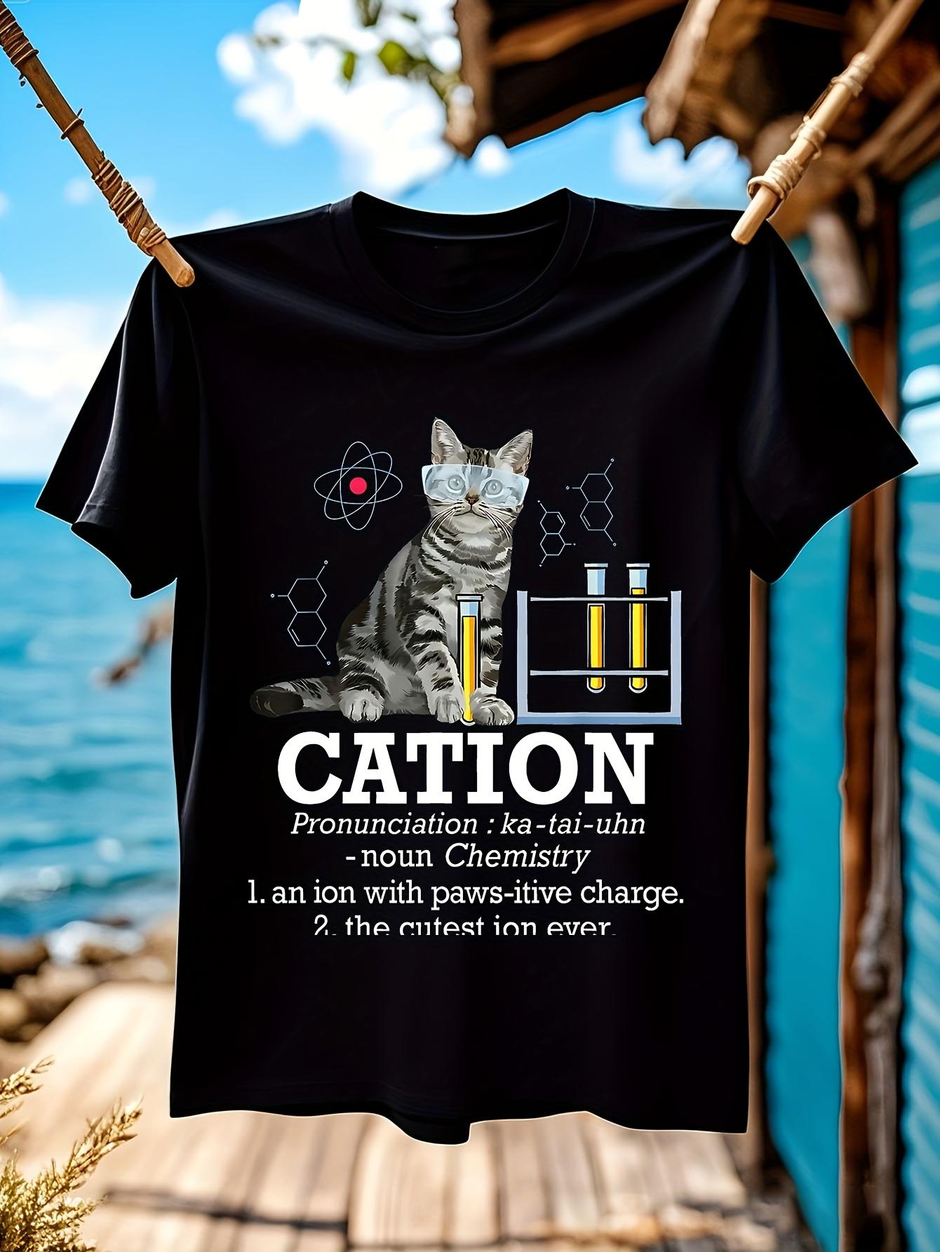 Chemistry Cat Cation Pun Tshirt - Black Casual Round Neck... S