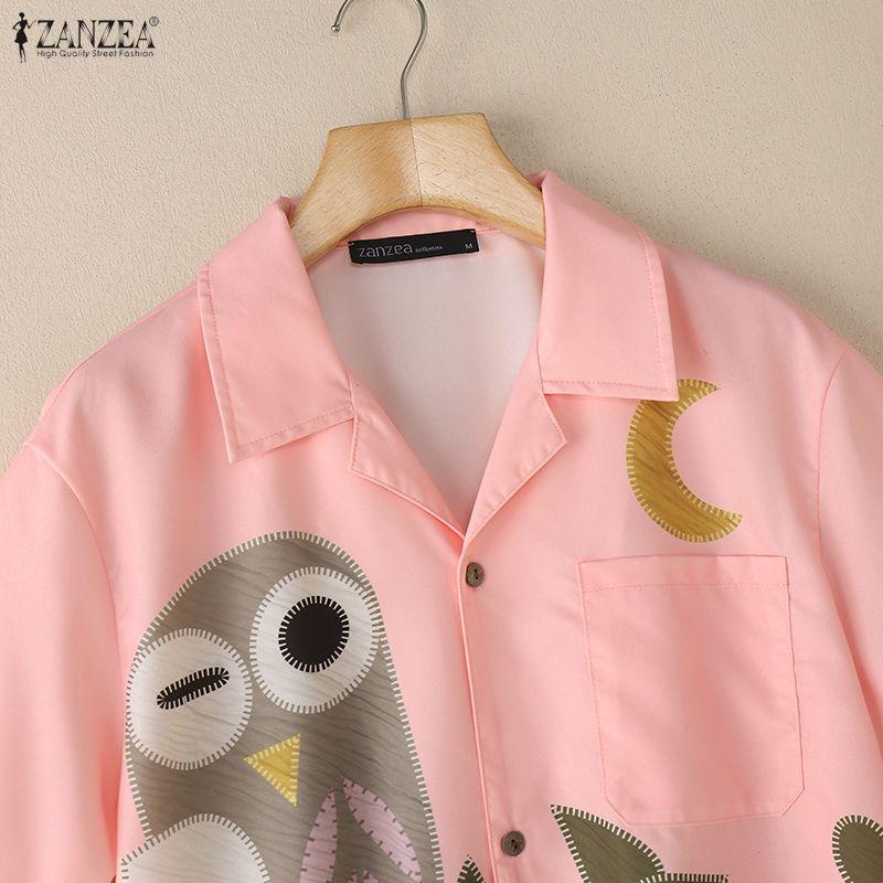 ZANZEA Women Casual Turn Down Collar Loose Short Sleeve Print Blouse