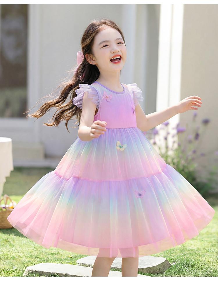 Irregular Gradient Mesh Princess Skirt: Sweet Summer Children's Little Flying Sleeve Dress for Girls, Thin Edition
