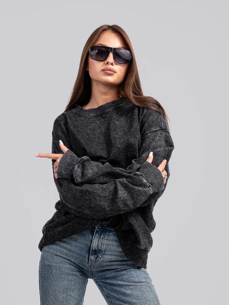 Old washed black 100% pure cotton crew neck sweater gas 2025 season European and American style thickened warm sweater XXXL промывают черный