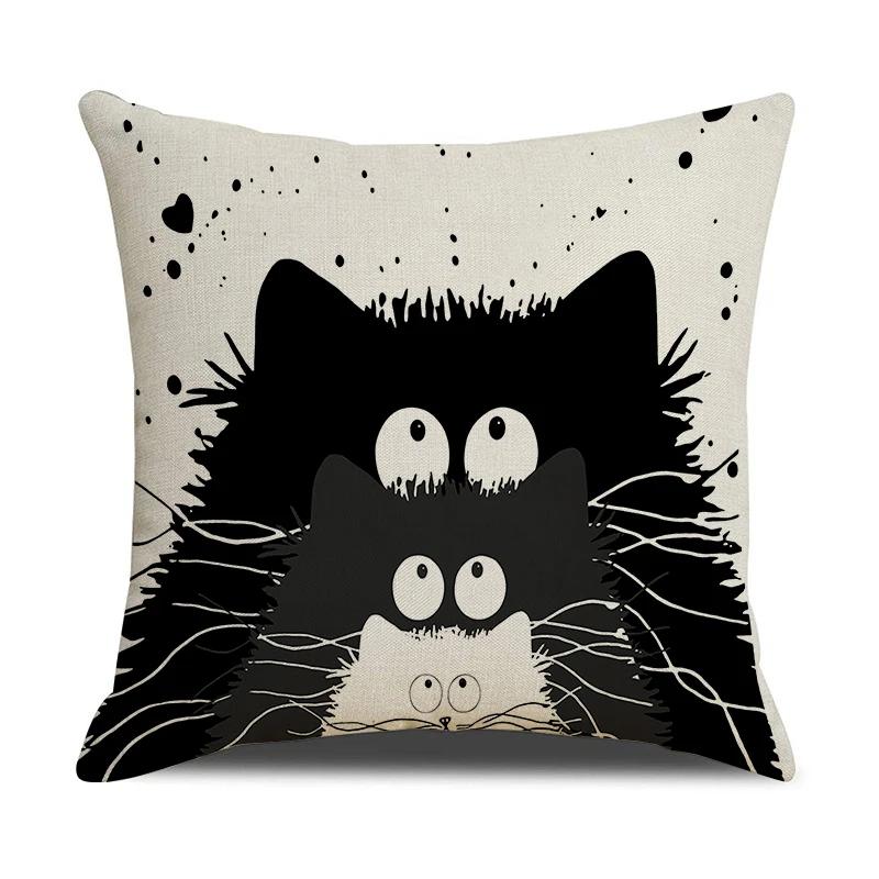 Black And White Cute Cat Printed Cushion Cover Home Decorative Sofa Pillow Covers Coffee Chair Throw Pillow Case Car Pillowcase