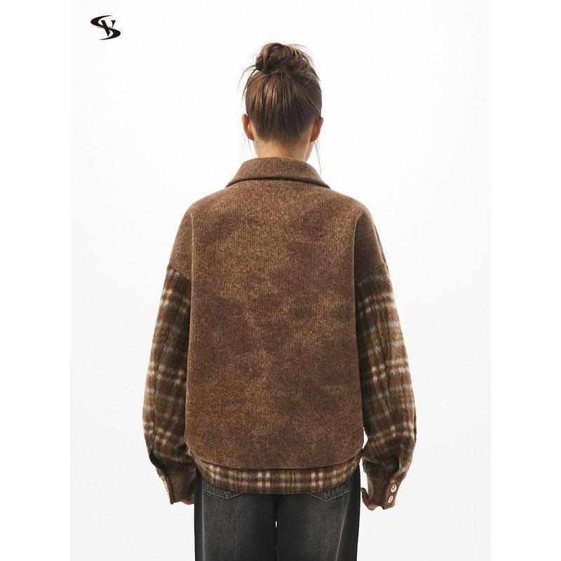 Vone Sheee American Retro Casual Loose Top Fleece-Lined Plaid Short Woolen Jacket for Women Early Autumn and Winter