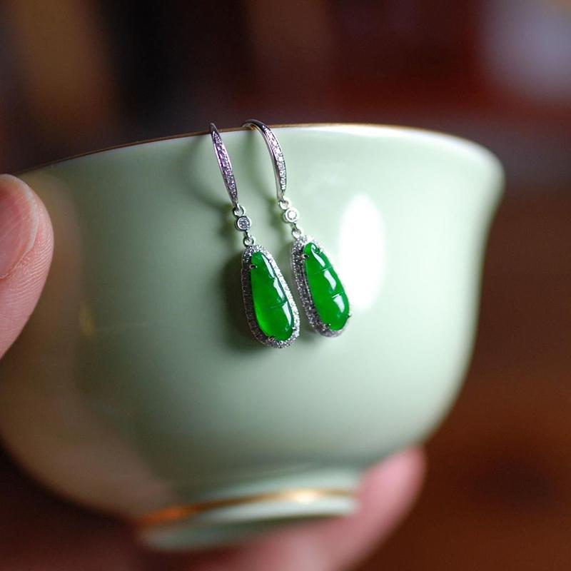 New   Inlaid Natural Hetian Chalcedony Bean Earrings For Women Chinese Style Exquisite Retro Jewelry