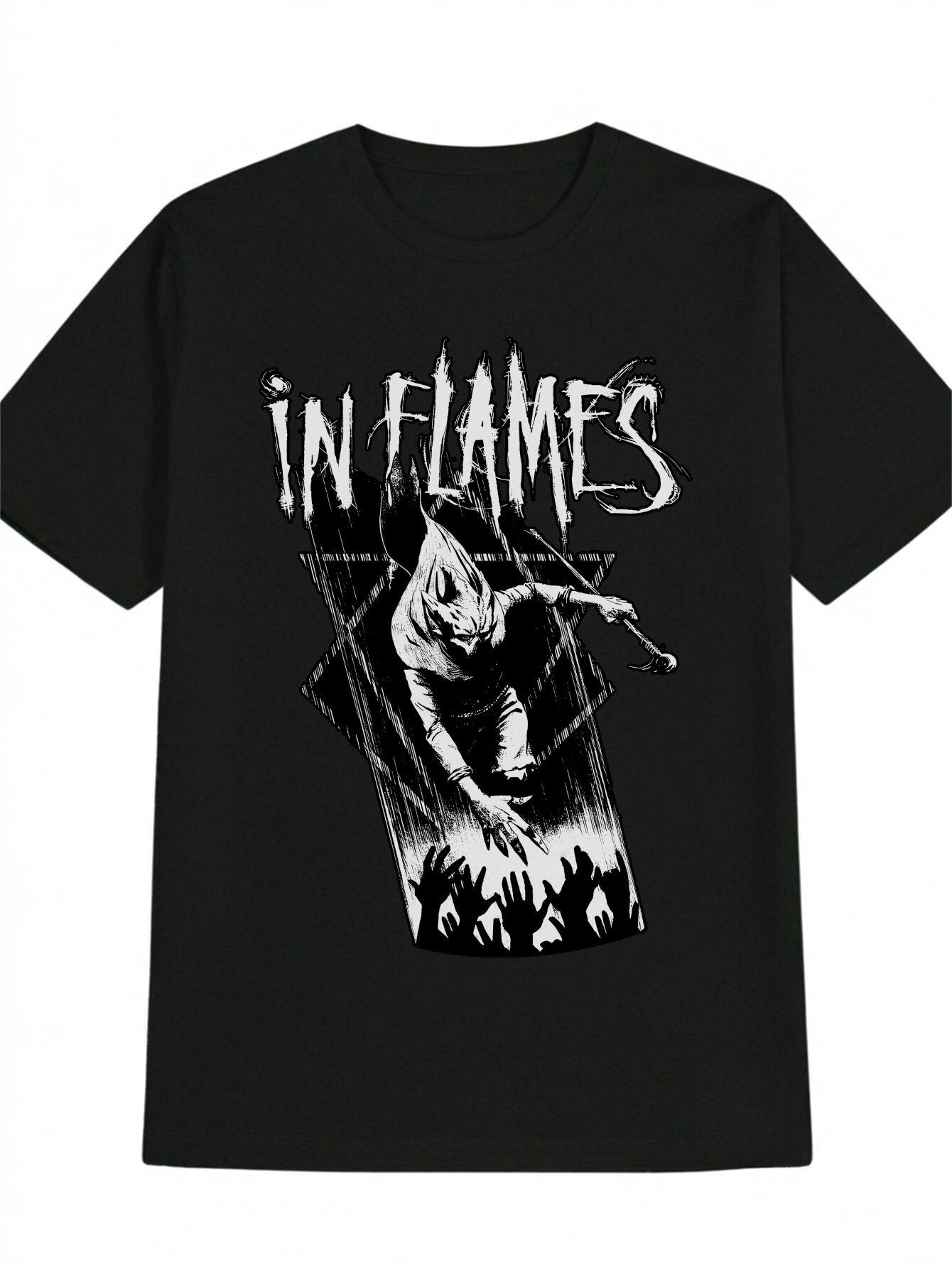 Casual Crew Neck T-shirt with Dynamic 3D Flame Print - Black XXXL